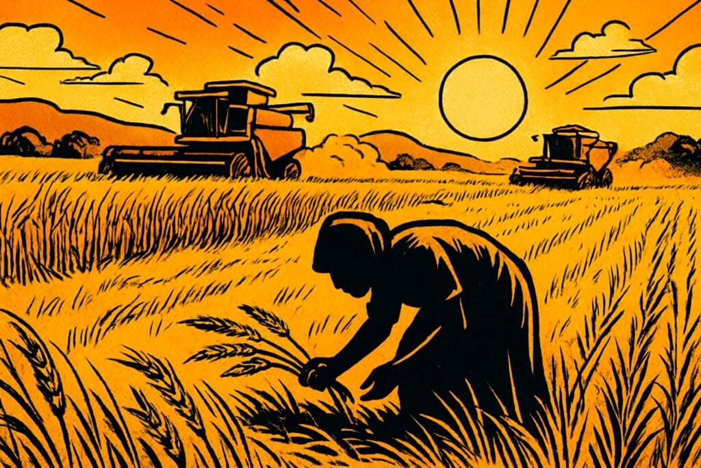 Comic book style illustration of a woman gleaning grain in a sunlit wheat field