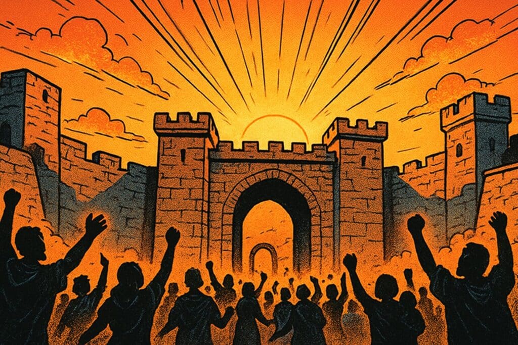 Comic book style illustration of an ancient city gate with a gathered community