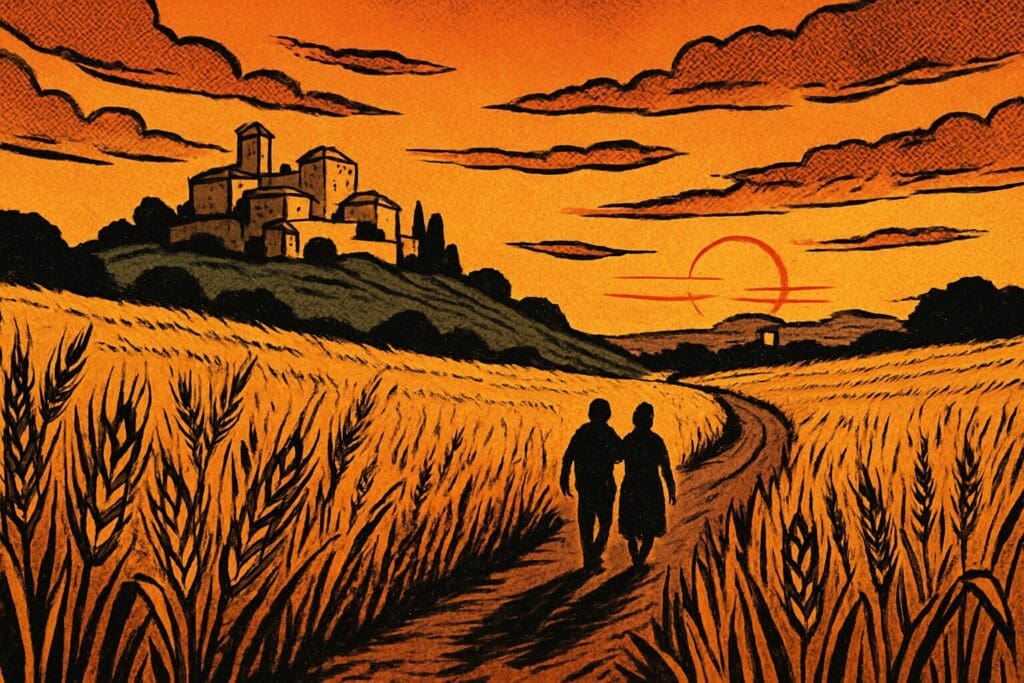 Comic book style illustration of a golden wheat field with two figures walking toward a distant town