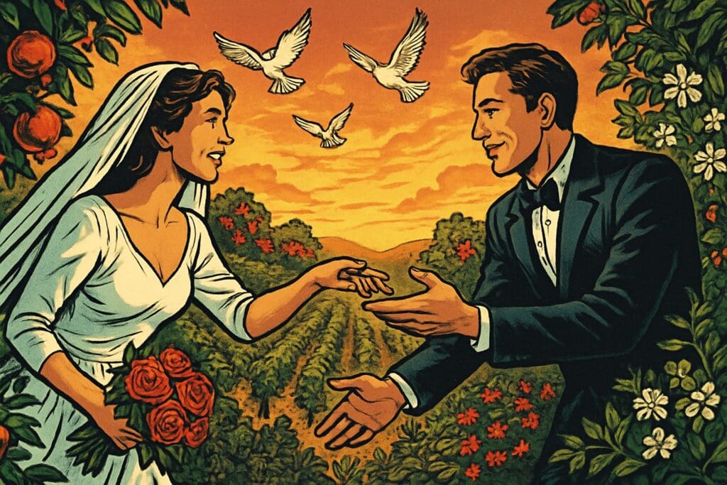 Comic book style illustration of a bride and groom reaching toward each other in a blooming garden at sunset, representing the book of Song of Solomon