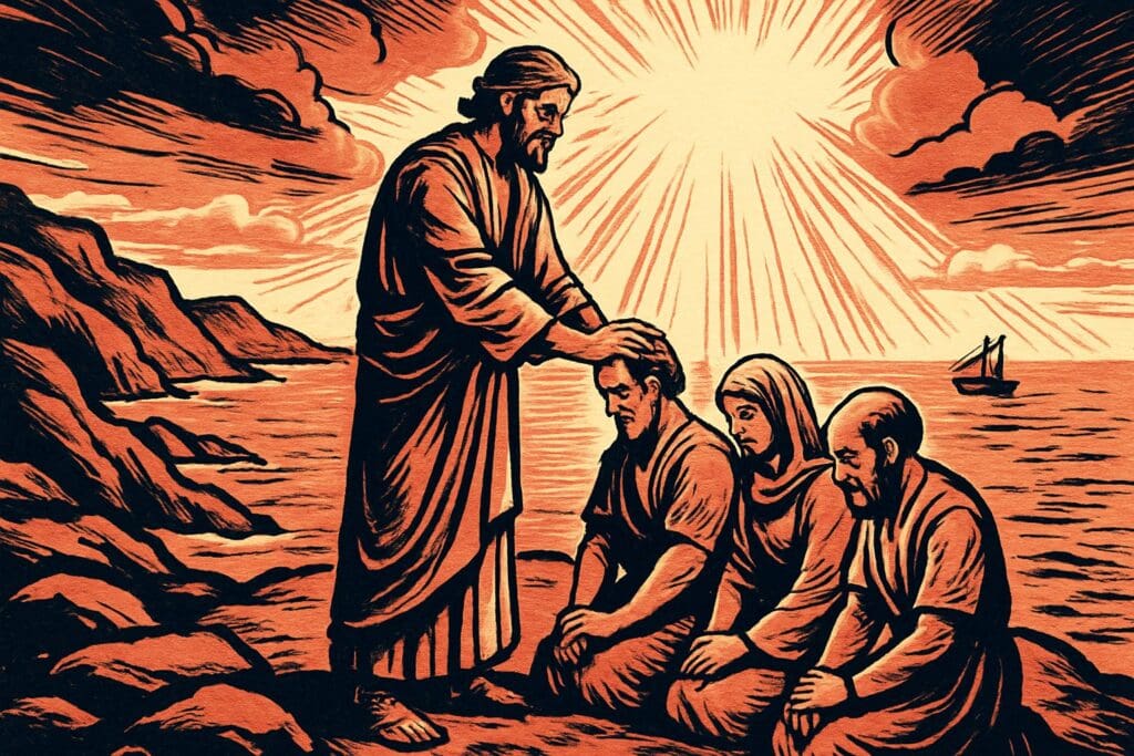 Comic book style illustration of a figure appointing elders on a coastal island under radiant grace-light, representing the book of Titus