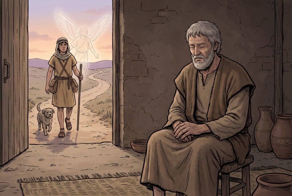 Comic book style illustration representing the book of Tobit